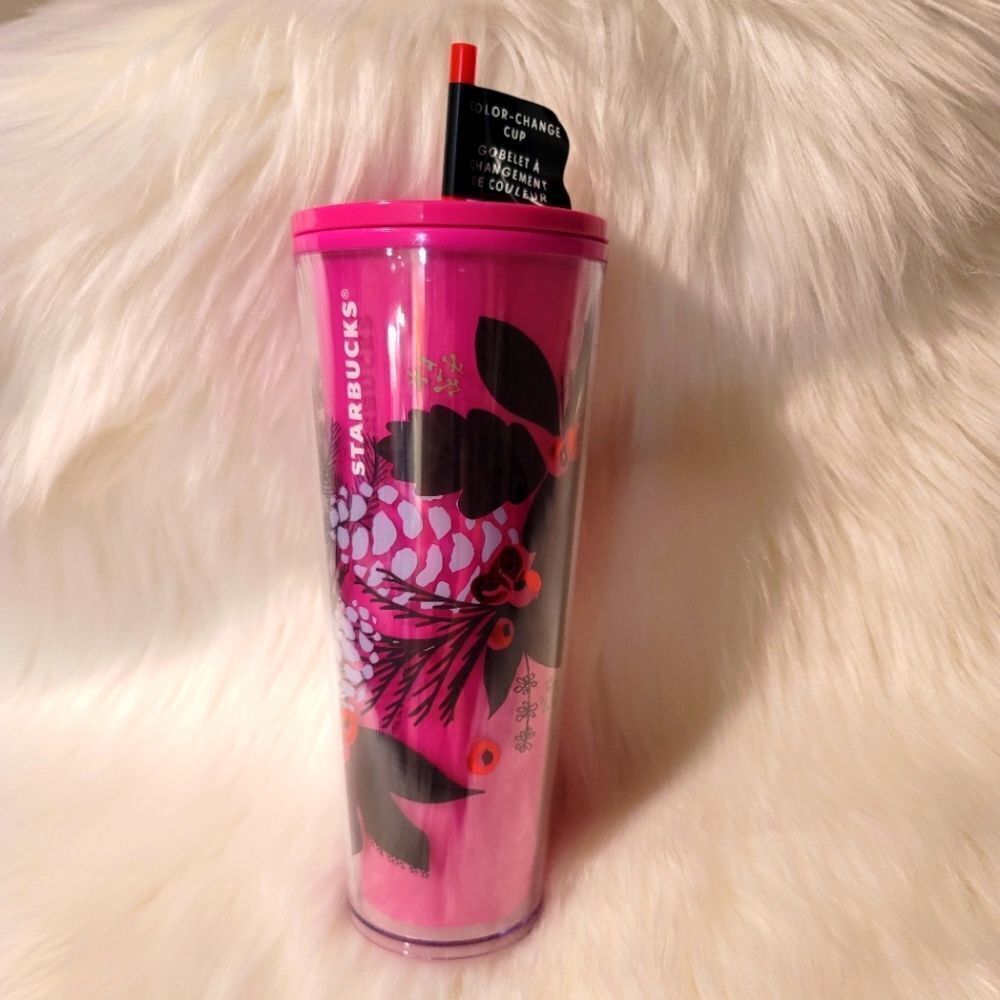 Starbucks Holiday 2021 tumbler Venti Hot Pink with pinecone design. Color change